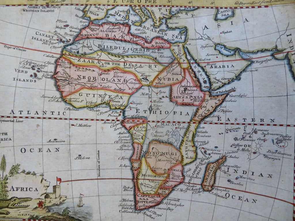 Africa Continent Decorative Cartouche Nile Crocodile 1771 Phinn hand colored map