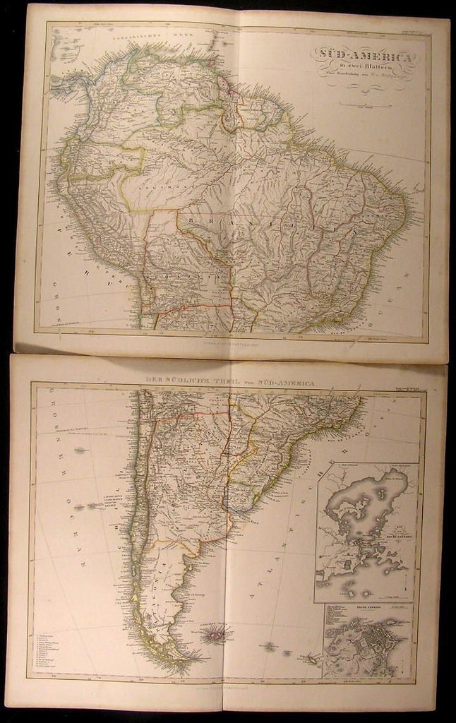 South America in 2 Maps Brazil Patagonia Rio De Janeiro 1857 scarce antique pair