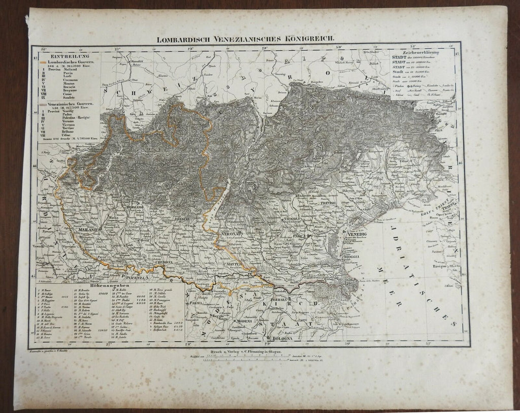 Northern Italy Lombardy Venice Verona Milan Tyrol 1850's Flemming detailed map