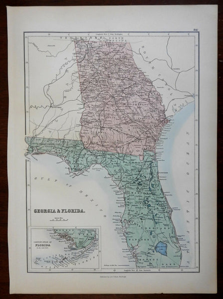 Florida & Georgia states USA uncommon 1876 fine large map issued in U.K.