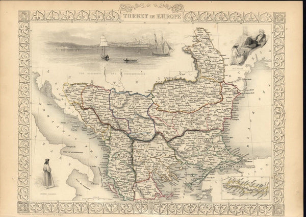 Balkans Macedonia Bulgaria Bosnia Moldova 1851 antique decorative Tallis map