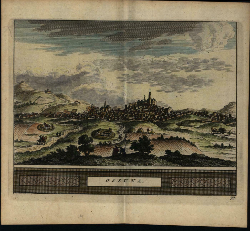 Osuna Spain Ossuna birds-eye city view 1715 miniature antique engraved print