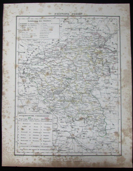 Provinz Posen Germany Bromberg w/ city key c.1849 antique detailed German map