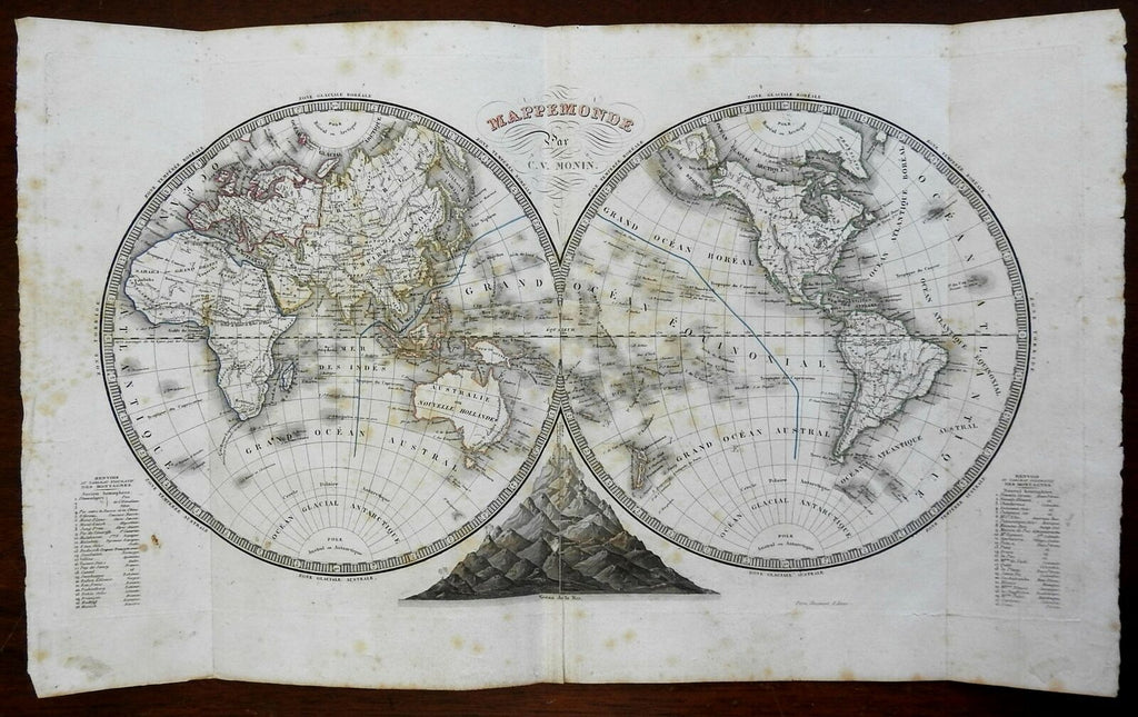 World Map in Two Hemispheres Mountains of the World 1834 Monin engraved map