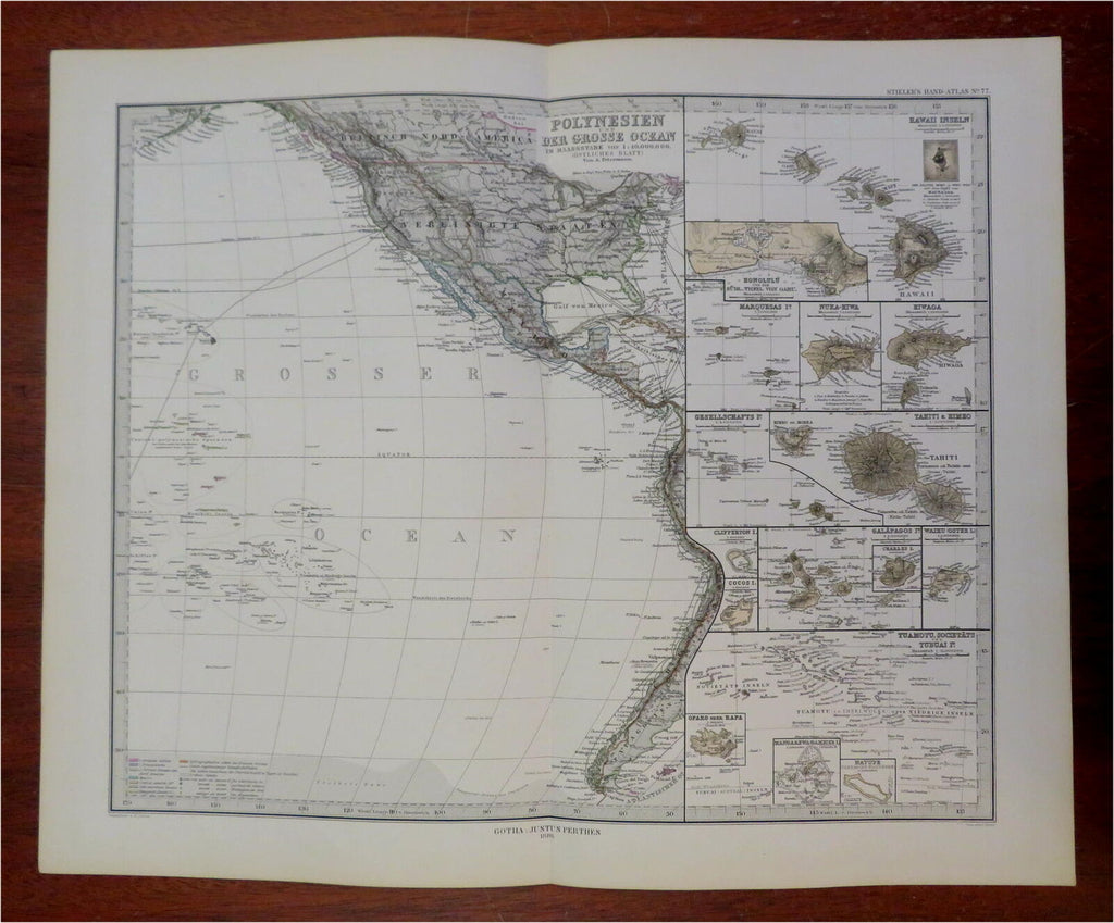 Polynesia Hawaii Tahiti Galapagos Honolulu Pacific 1880 Petermann detailed map