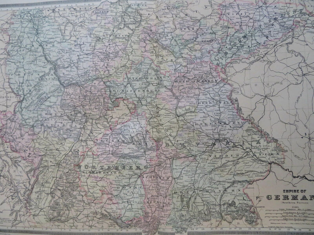 Southern German Empire Bavaria Baden 1889-93 Bradley folio hand color detail map