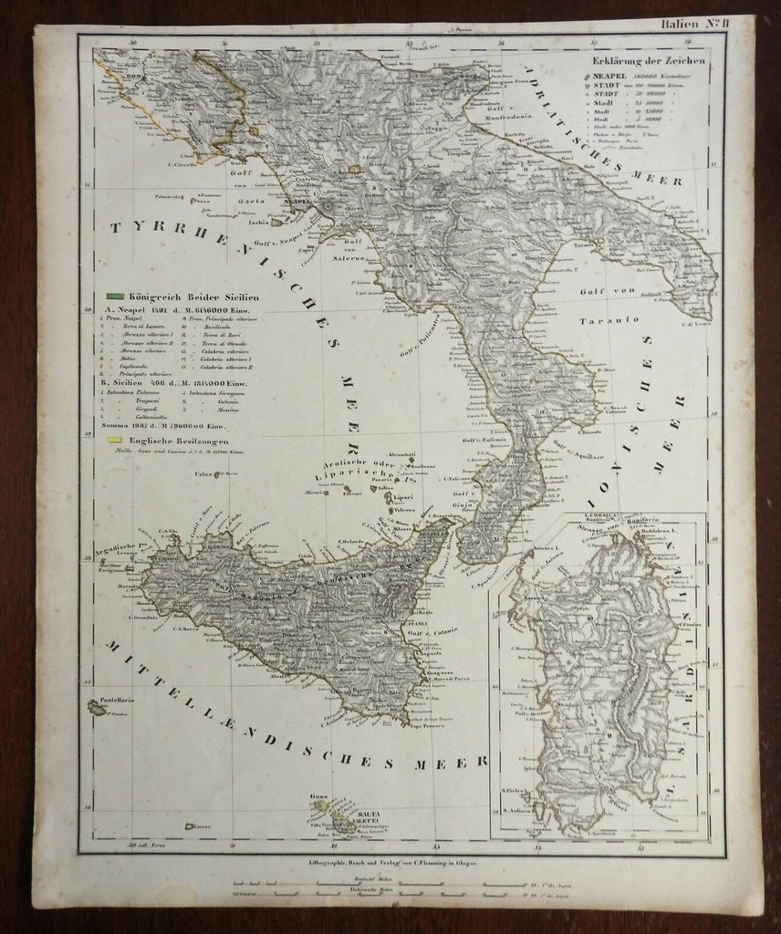 Kingdom of the Two Sicilies Sardinia Malta 1850's Flemming detailed map