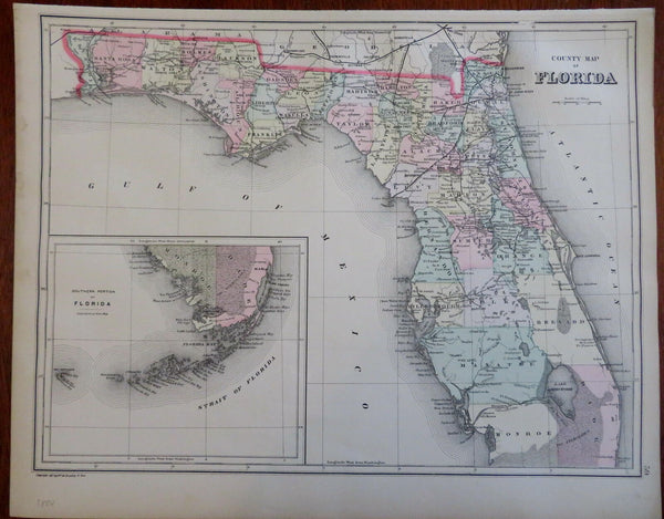 Florida state by itself 1888 scarce hand colored Bradley-Mitchell map