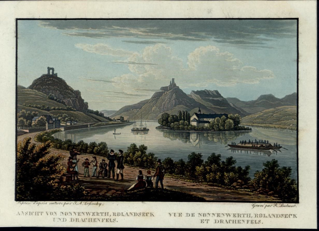 Drachenfels Nonnenwerth View Germany c. 1840 beautiful antique hand color print