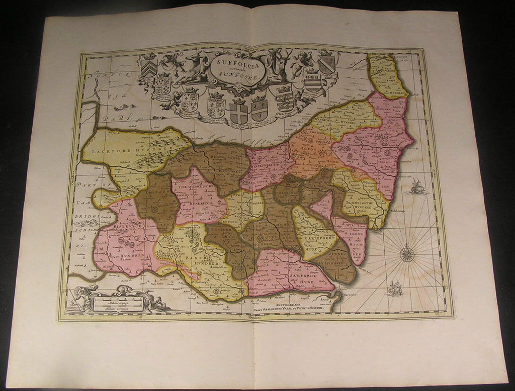 Suffolk East England Ipswich Yarmouth ca. 1700 Schenk fine antique old color map