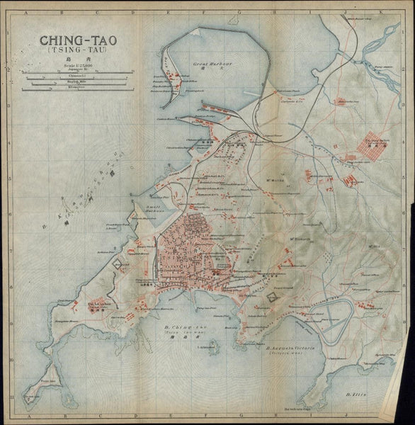 Ching-Tao Tsing-Tau China city plan 1915 scarce detailed color folding map
