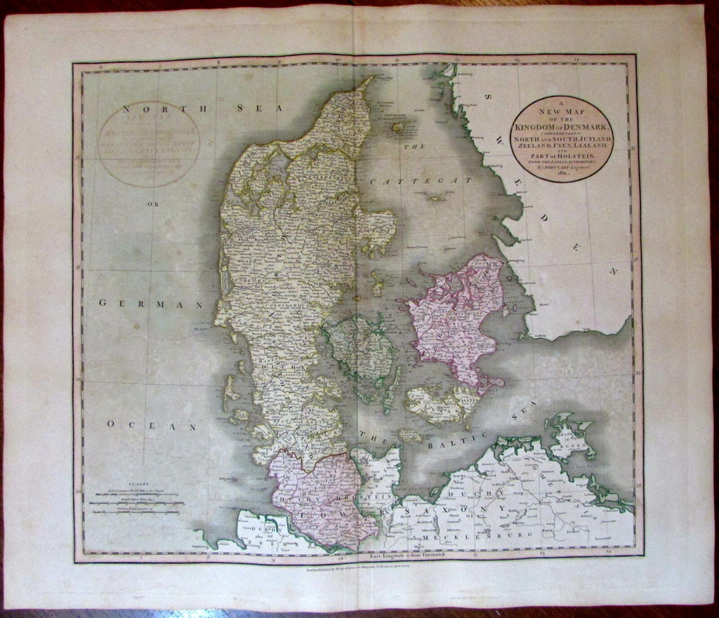 Denmark Kingdom Zeeland Scandinavia Baltic Sea 1811 John Cary large old map