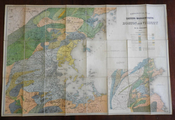 Geological Map of Eastern Massachusetts 1877 Crosby large linen backed fldg. map