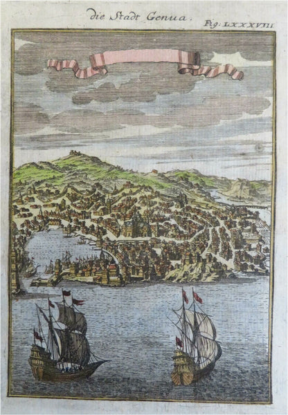 Genoa Italy City Bird's Eye View Harbor Scene Sailing Ships 1719 Mallet print