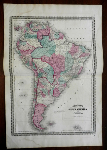 South America Brazil Peru Patagonia Venezuela 1870 A.J. Johnson Scarce Issue map