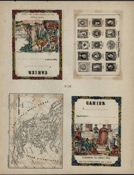 very rare America map on sheet w/ postage stamps 1850s antique French print