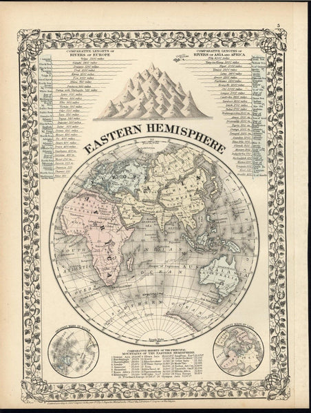 World Eastern Hemisphere Africa Asia 1872 decorative old vintage hand color map