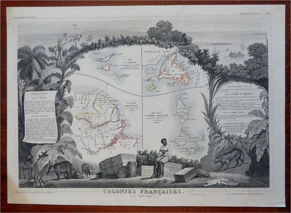 French Colonies St. Martin Guyana St. Pierre 1855 Levasseur decorative lg. map