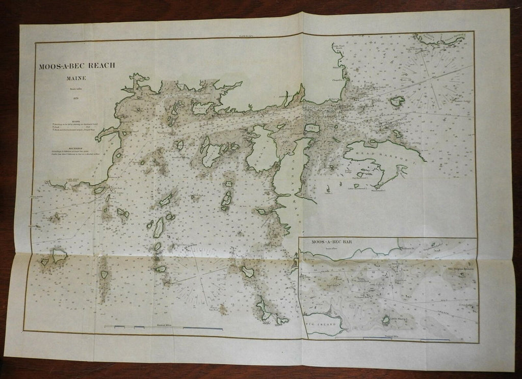 Moos-A-Bec Reach Maine Coast 1879 USCGS Nautical chart scarce hand color detail