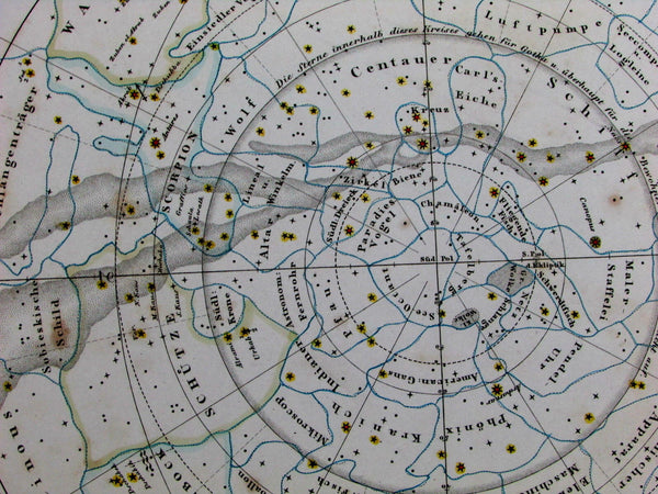 Southern celestial constellation chart astronomy stars Milky Way 1841 old chart