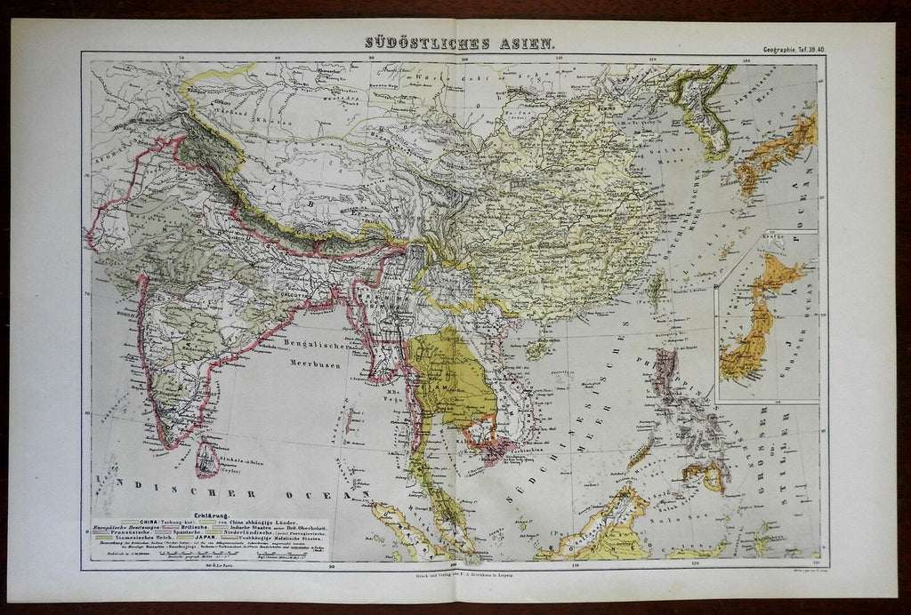 Southeast Asia British Raj India Qing Empire Japan 1874 color lithographed map