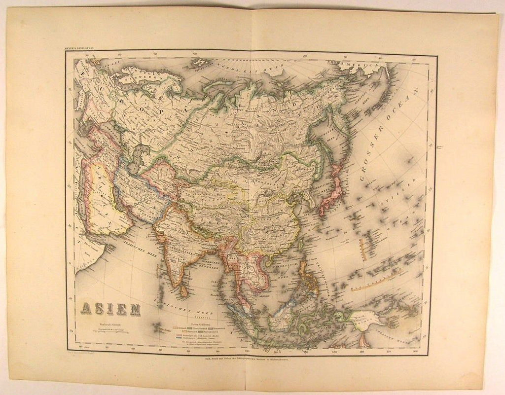 Colonial Powers map 1873 Asia Arabia Iran India China Russia Japan antique Meyer
