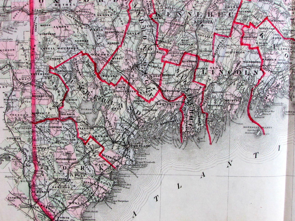 State of Maine large wall map size roads post offices 1884 Colby fine scarce map