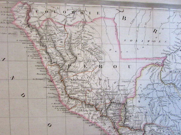 Peru Bolivia South America interesting variant c.1845 Monin large old map
