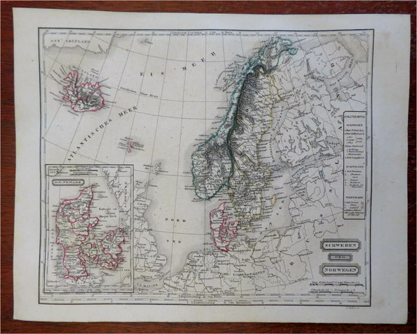 Scandinavia Sweden Denmark Norway Iceland North Sea 1860's Biller hand color map