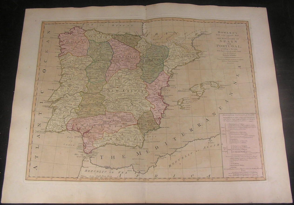 Spain Portugal c.1794 Bowles & Carver original full color large antique map