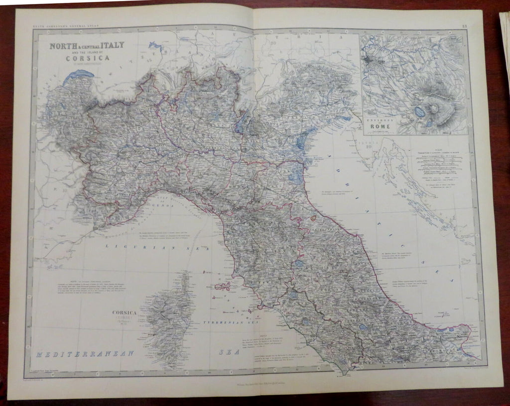 Northern Italy Piedmont Lombardy Rome Venice Milan 1865 Johnston large folio map