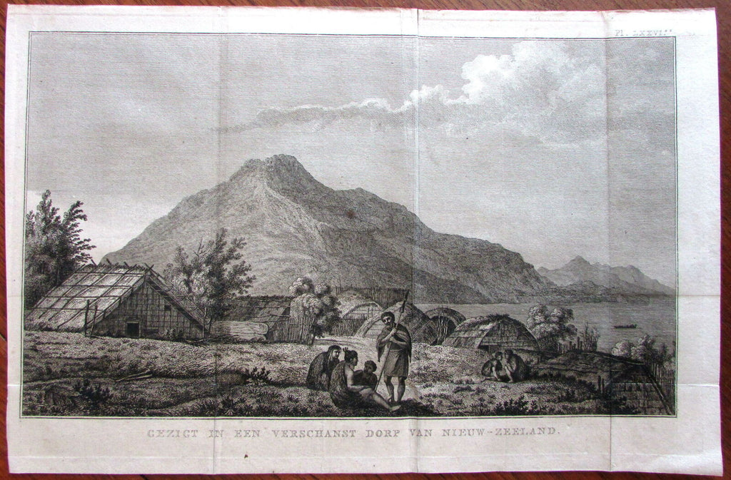 New Zealand Native Village scene 1801 Capt. Cook exploration rare engraved print