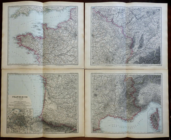 France 4 sheet map 1891 Stieler detailed map wall size amazing detail