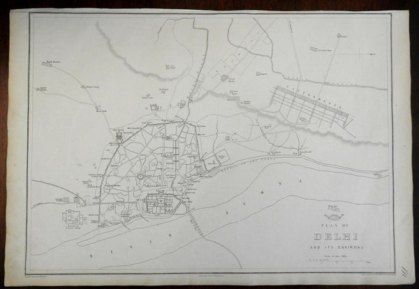 Dehli India British Raj detailed city plan 1856-72 Weller lithographed map