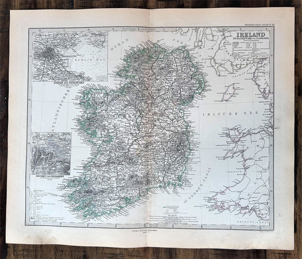 Ireland Dublin Cork Killarney Lakes Galway Belfast 1880 Petermann detailed map