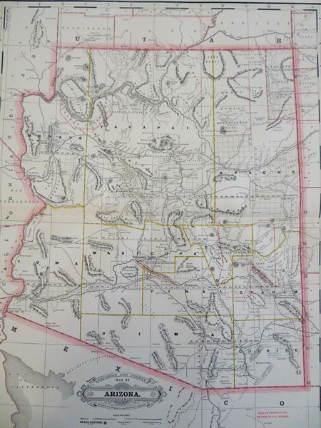 Arizona Phoenix Flagstaff Prescott 1887-90 Cram scarce large detailed map
