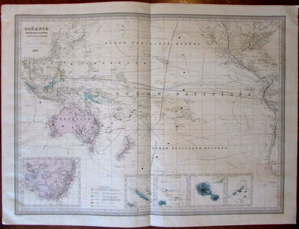 Oceania Australia New Zealand c.1860 large Dufour antique engraved color map