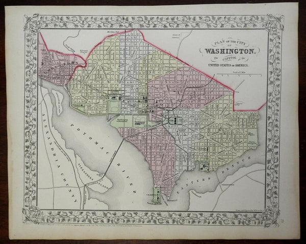 Washington D.C. city plan Potomac River Capitol Building 1866 Mitchell map
