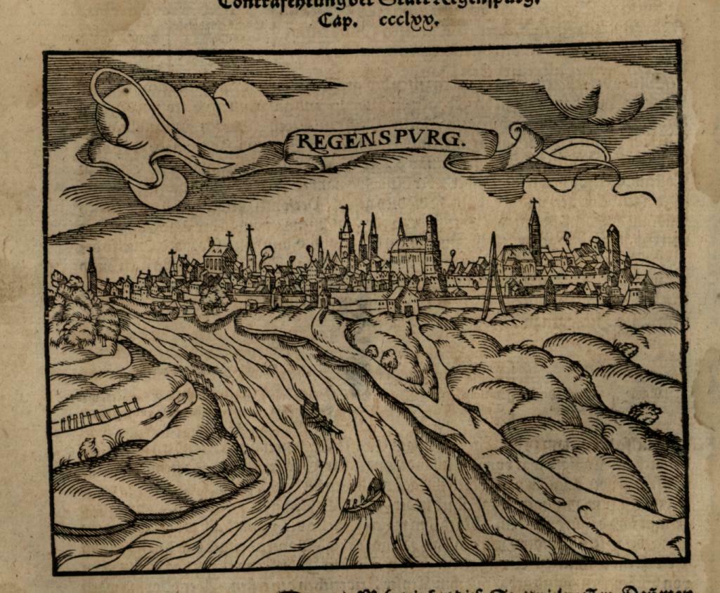 Regensburg Germany prospect 1598 Munster Cosmography wood cut print city view