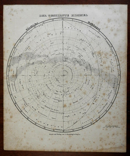 Northern Night Sky Star Map Constellations Zodiac North Star 1849 Flemming map