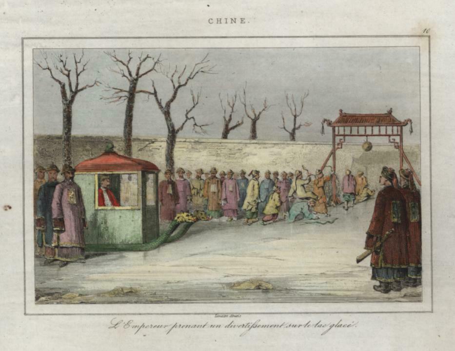 Archery Contest Chinese Imperial Court Emperor 1835 engraved print hand color