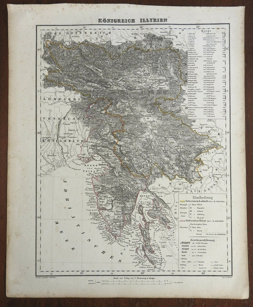 Kingdom of Illyria Austrian Crown Lands Carinthia 1850's Flemming detailed map