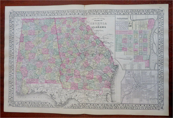 Alabama & Georgia County Map Savannah Atlanta Mobile 1883 Mitchell map