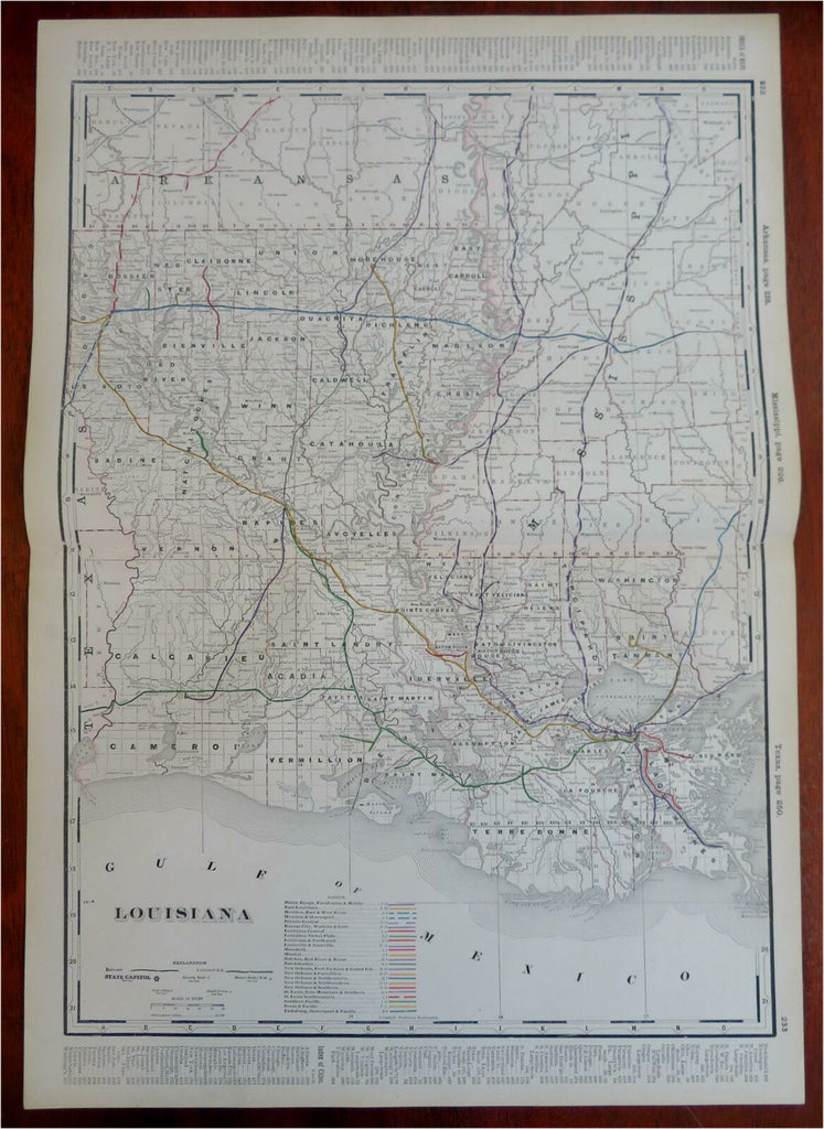 Louisiana New Orleans Baton Rogue Shreveport c. 1880's-90 Cram large map