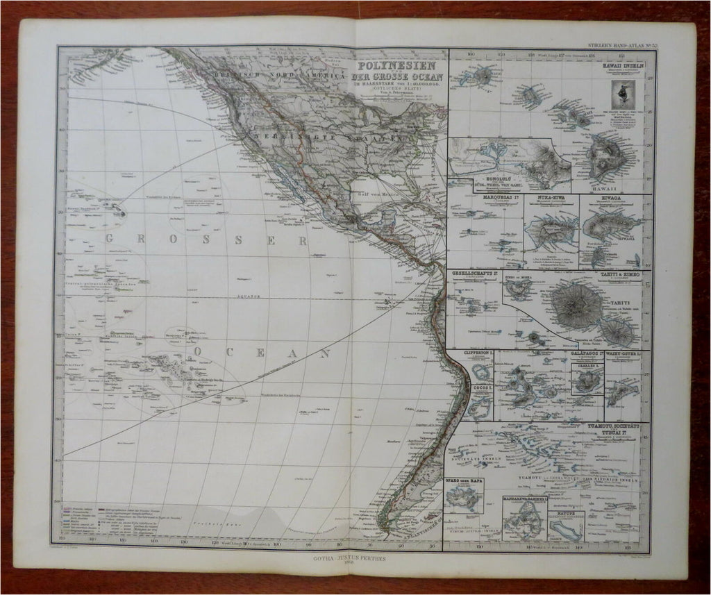 Polynesia Pacific Ocean Fiji Hawaii Tahiti Galapagos 1868 Petermann detailed map