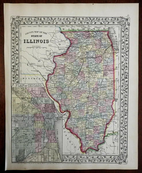 Illinois state map Chicago detailed city plan 1867 Mitchell nice state map