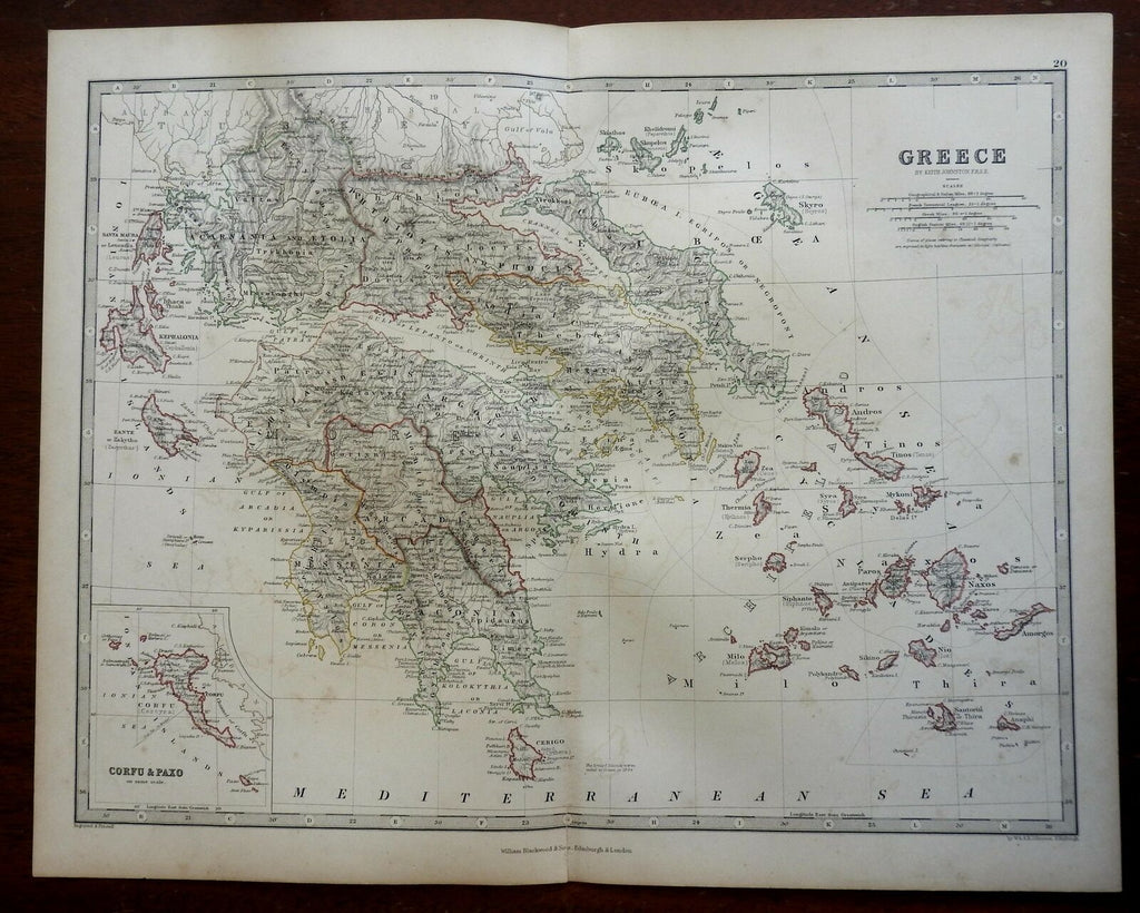 Kingdom of Greece Corfu Paxo Athens Sparta Corinth 1868 Johnston map