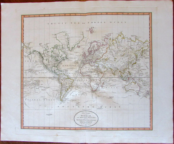 World Map discovery navigator tracks Stony Mts. 1801 Cary lovely large old map