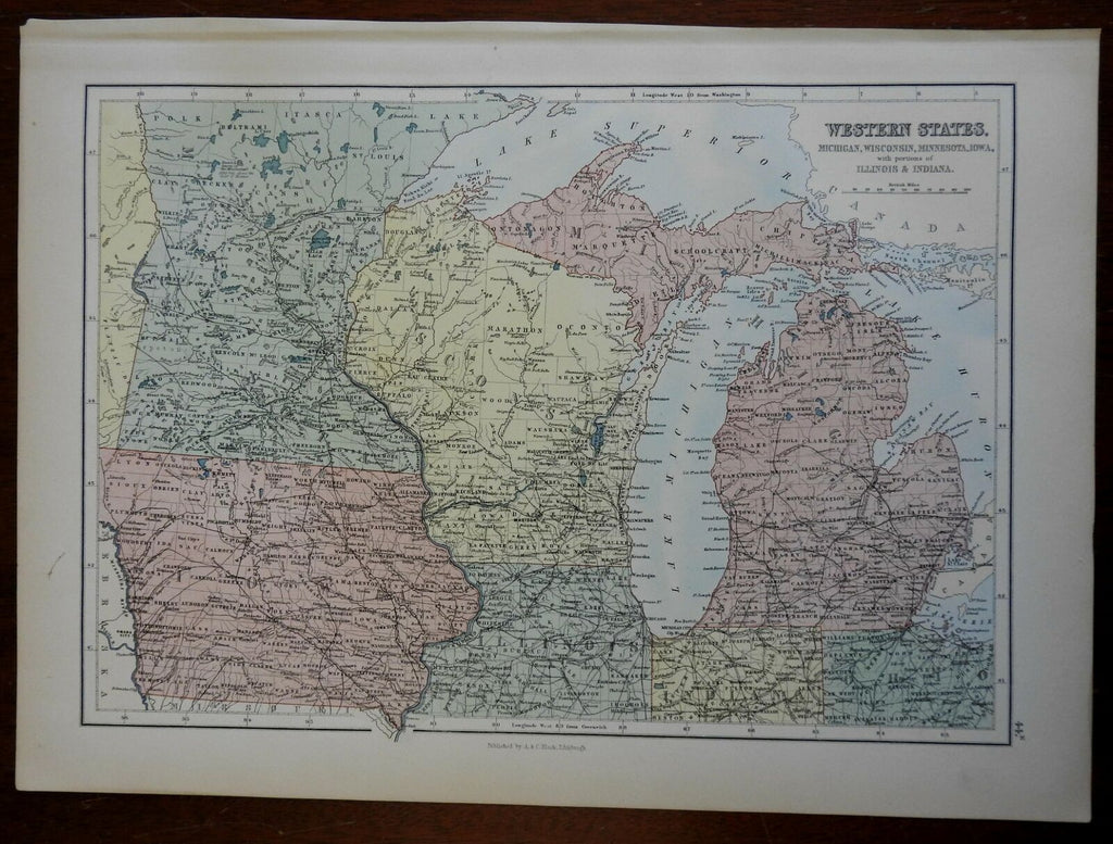 American Midwest Minnesota Iowa Wisconsin Michigan 1876 fine scarce map