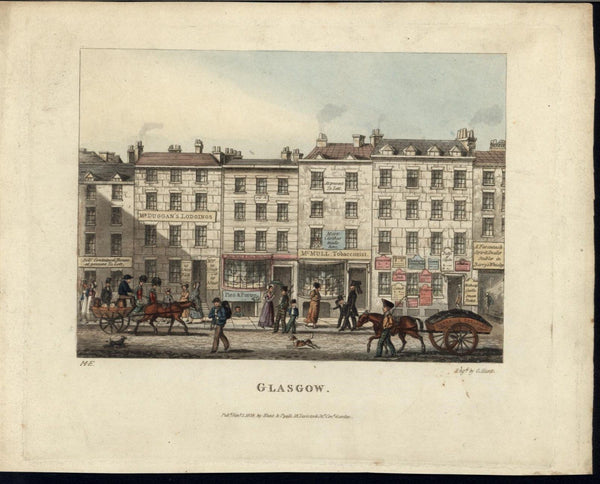 Glasgow Scotland 1825 Advertisements Tobacco shop old rare color aquatint print